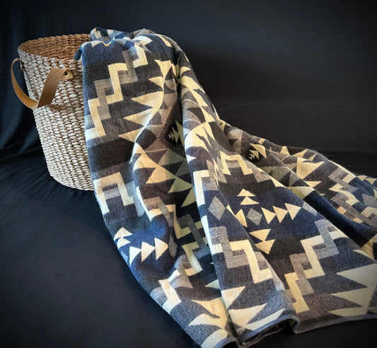 Geometric Shaped Alpaca Blanket with Blue and Grey Hues