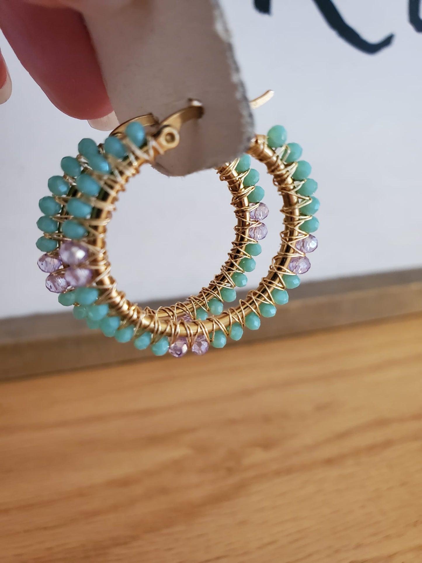 .SUMAK -Earrings Large Hoop Turquoise with Lavendar Accent Beads