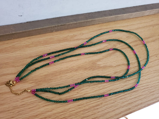 .SUMAK Necklace - 3 Strand Dark Green with Purple Accent Beads