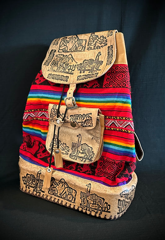 Colorful Artisan Backpack with Engraved Leather