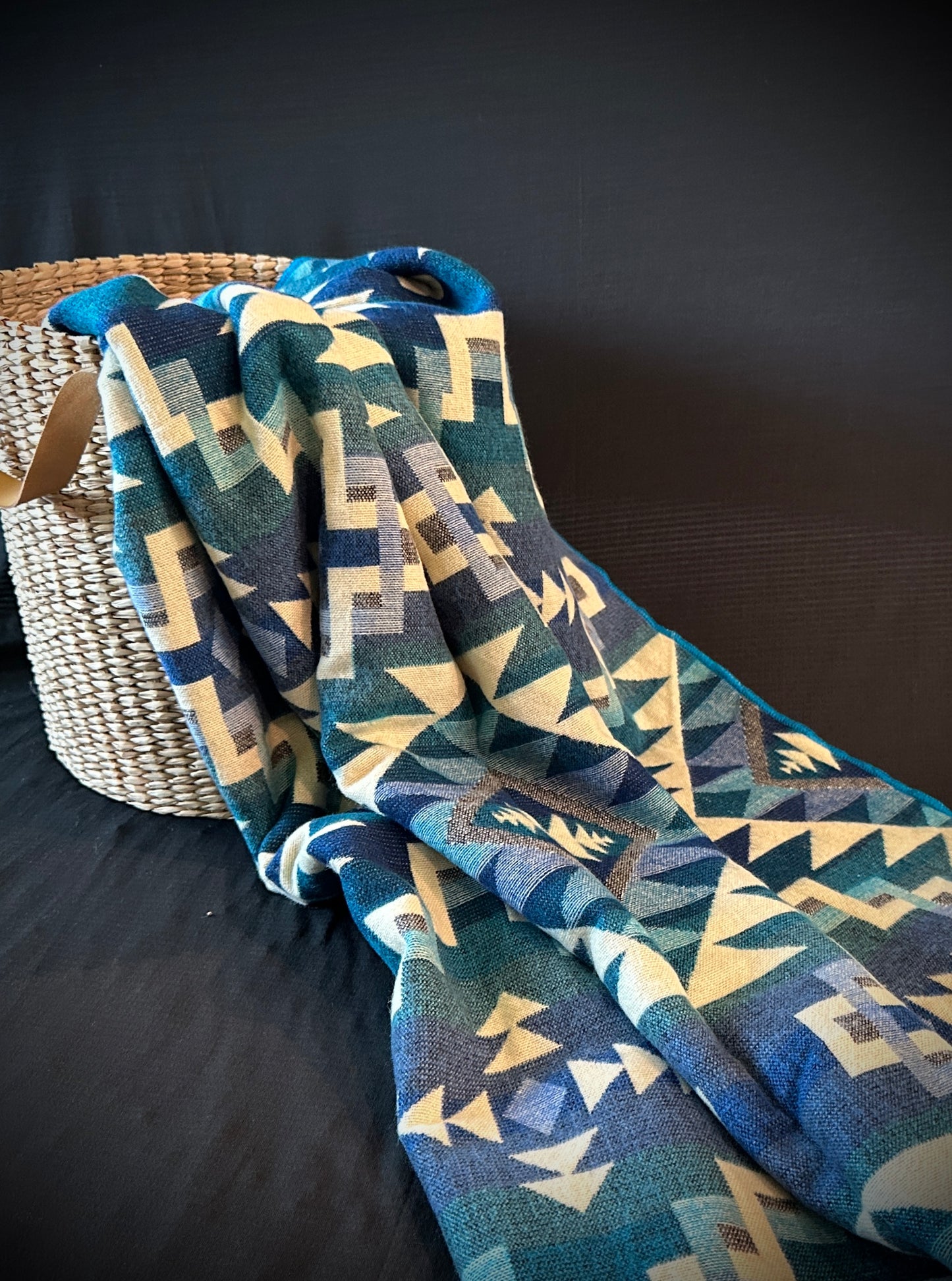 Large Geometric Alpaca Blanket-Blue and Green Hues